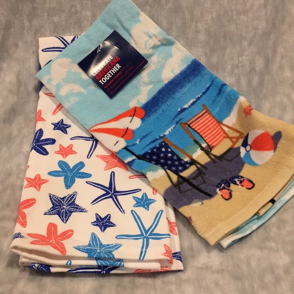 Beach Starfish Celebrate Anericana Kitchen Towel Set if Two NWT %100 Cotton - Picture 5 of 12